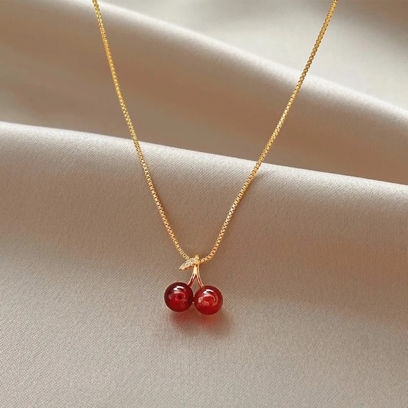 NEW Minimalist Gold Plated Wine Red Cherries Pendant Necklace/Earrings Set - Picture 2 of 13